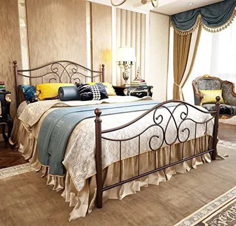 فریم تختخواب فلزی سایز ملکه با تابلو فرش Vintage و تخت پایه فریم تخت خواب فرفورژه مشکی