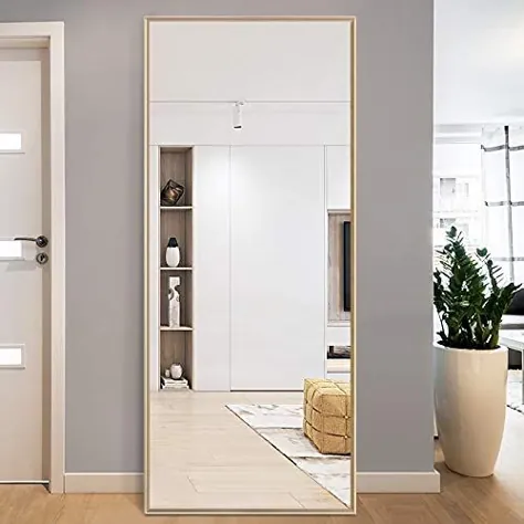 آینه تمام طول طلایی PexFix 59 "x 20" آینه سبک طبقه براق مدرن قاب فلزی براق آینه نصب دیوار آینه ایستاده تکیه دار برای اتاق خواب دفتر