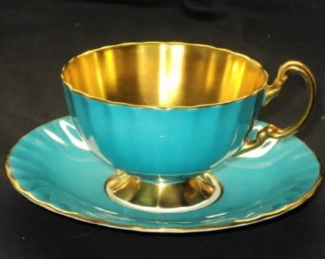 فنجان چای آبی AYNSLEY ENGLAND MAJESTIC GOLD GOLDEN AQUA BLUE TEA