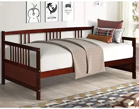 قاب دوجداره چوبی Giantex به اندازه دوقلو ، پشتیبانی از اسلایدهای چوبی کامل ، تختخواب مبل محکم و کاربردی برای اتاق نشیمن اتاق خواب (اسپرسو)
