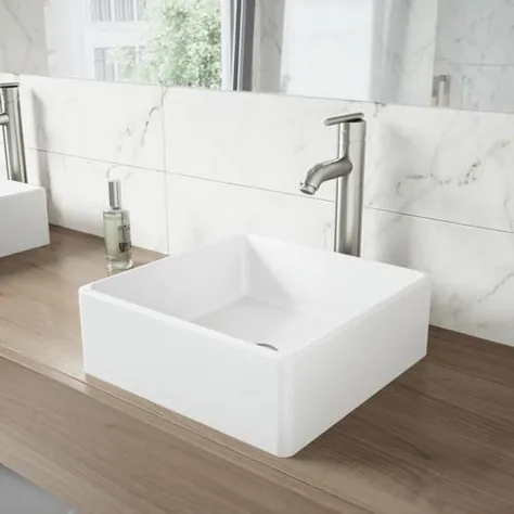 سینک ظرفشویی حمام مربع سفید مات VIGO Dianthus Matte Stone (14.5 اینچ در 14.5 اینچ) Lowes.com