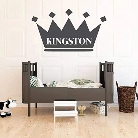 عکس برگردان دیواری مخصوص کودکان |  نام شخصی King Crown Design |  دکوراسیون منزل دیواری وینیل برای اتاق خواب پسرانه ، اتاق بازی |  دکوراسیون مهد کودک سفارشی |  رنگ های سیاه ، سفید ، طلایی ، دیگر |  اندازه های کوچک ، بزرگ