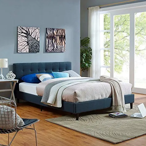 اتاق خواب با طراحی مدرن مدرن اتاق خواب اندازه کامل قاب تخت خواب ، آبی تیره ، چوب پارچه ای
