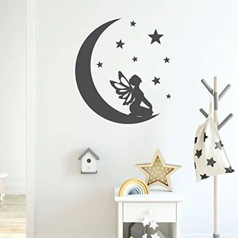 تزیین دیواری پری با ماه و ستاره - تابلوچسب برچسب وینیل برای مهد کودک ، اتاق خواب دختران ، اتاق های نوجوان یا توئین - تزیینات پارتی