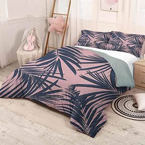 مجموعه پوششی لحاف Navy and Blush DuffSummer Exotic Floral Tropical Palm Tree Leaf برگ موز گیاهان هاوایی Unisex مجموعه ملافه ها الگوی مدرن چاپ شب آبی کم رنگ صورتی کالیفرنیا