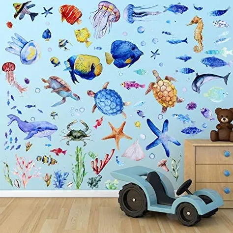 116 قطعه تکه تکه زیر دیوار دریایی تابلوچسبهای دیواری چتر دریایی برچسب دیواری ماهی دریایی پوست و چوب متحرک برای کودکان و نوجوانان اتاق خواب اتاق نشیمن اتاق حمام دفتر (رنگ های دوست داشتنی)