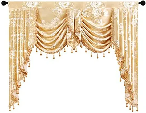 ELKCA Golden Jacquard Swag Waterfall Valance Luxury Curtain Valance for Living for اتاق نشیمن (گل-طلایی ، W59 اینچ ، 1 صفحه)