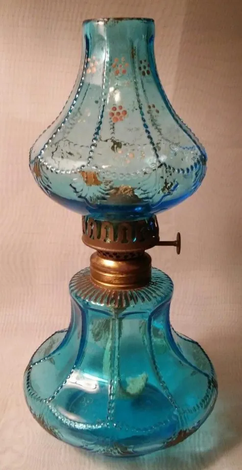 Vintage Antique Blue Beaded Panel & Shell Miniature Glass Lamp Oil S1- 262 AS IS |  # 1933918469