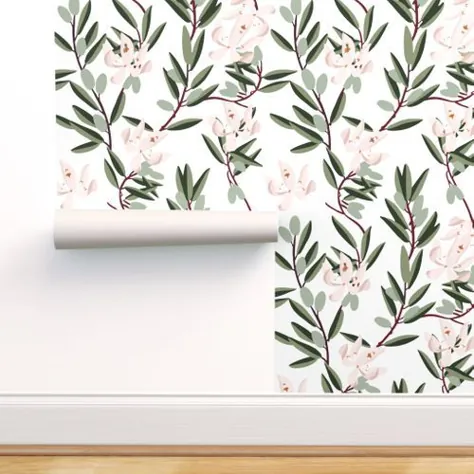 کاغذ دیواری متحرک لایه بردار و استیک 1ft x 2ft Swatch Olive Bloom Pink Illustrations دکوراسیون منزل اثاثه یا لوازم داخلی گل شکوفه های سبز مدرن Holli Zollinger Pmqtable By Spoonflower