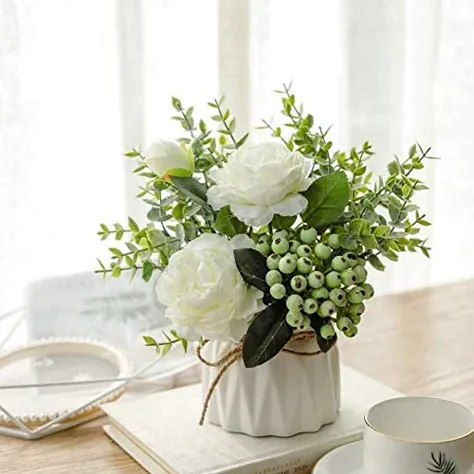 گلهای مصنوعی NAWEIDA با گلدانهای کوچک گلدان سرامیکی گیاهان تقلبی گیاهان جعلی برگ اکالیپتوس برگ توت گل آرایی دکوراسیون برای خانه (سفید)