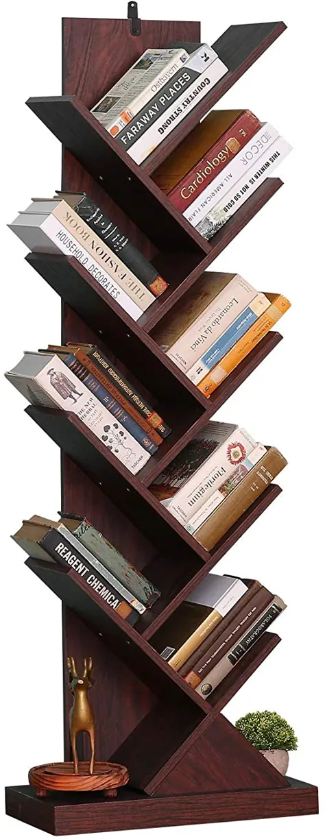 قفسه کتاب درختی ، قفسه کتاب چوبی 9 قفسه درخت ، قفسه کتاب درخت ایستاده در طبقه در دفتر اتاق نشیمن ، سازمان دهنده نمایش قفسه درخت برای کتابها / مجلات / سی دی / فیلم ، گردوی قهوه ای