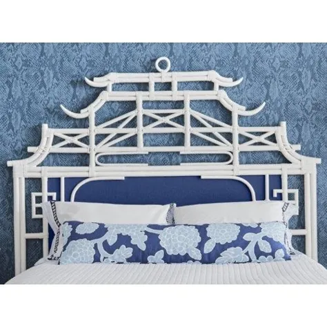 Headboard Pagoda Queen Headboard w / Fabric Insert Frame Material - Rattan Frame Color - Insert Fabric White - Headboards