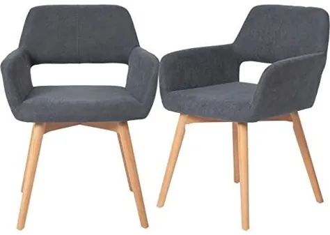 صندلی بازوی لهجه اتاق نشیمن کوچک FCQuality مجموعه ای از 2 صندلی میز پشتی پارچه ای براق با پایه های چوبی جامد صندلی روکش دار طرح مدرن برای اتاق ناهار خوری اتاق خواب (خاکستری تیره + خاکستری تیره)