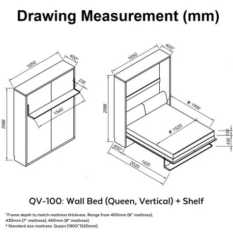 قفسه + تختخواب دیواری مخفی عمودی کوئین ، صرفه جویی در فضا ، تخت مورفی تاشو (QV-100)