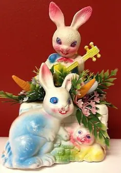 VINTAGE PLASTIC EASTER BUNNY PLANTER TWN BUNNIES EASTER DECORATION 1950'S - B |  # 478291843