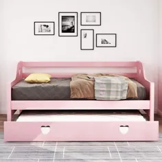 تختخواب سایز دو قلو Danxee با Trundle ، پایه تشک قاب تخت خواب پلت فرم با پشتیبانی از تخته چوب برای کودکان و نوجوانان عاشق شکل قاب تخت خواب دوقلو استاندارد بدون جعبه بهار مورد نیاز (صورتی)