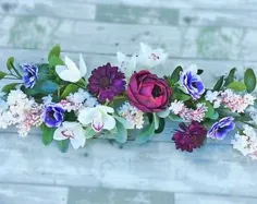 تاج گل عروسی عروسی مصنوعی سفارشی اکلیل عروسی طاق حلقه گل ، گلدان بنفش ، سوگ ساکولنت ، کیسه روستایی