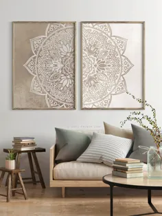 اصلی Beige Taupe Mandala Wall Art Set of 2 Art Printable، Boho Wall Decor Color Neutral، اتاق نشیمن اتاق خواب دانلود دیجیتال هنر