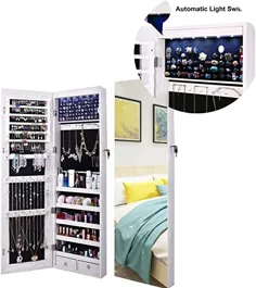 کابینت طلا و جواهر آینه ای LED AOOU 6 تمام صفحه نمایش جواهرات Armoire Organizer , 47.3 "H جعبه آرایشی دیواری / درب قابل قفل با 2 کشو سفید خالص