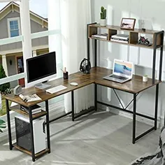 میز برگردان Sedeta 70 اینچ برگشت پذیر با قفسه های ذخیره سازی ، میز کامپیوتر گوشه ای صنعتی با هاچ ، میز تحریر بزرگ دفترخانه با قفسه کتاب و پایه CPU ، قهوه ای روستایی