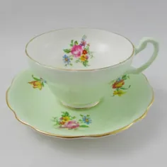 ست فنجان و نعلبکی چای سبز Foley با دسته های گل ، چین استخوان انگلیسی ، لیوان چای خوری و نعلبکی