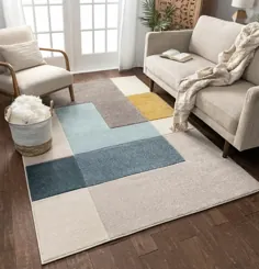 روبی کنستانس مربع مدرن هندسی فرش خاکستری / طلایی / نعناع فرش آبی