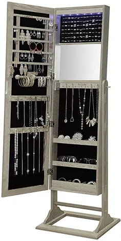Abington Lane Standing Jewelry Armoire - ذخیره سازی جواهرات سازمان دهنده کابینت قفل شونده با آینه تمام طول و چراغ های LED - (اتمام چوب گرم)