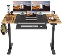 میز ایستاده برقی قابل تنظیم با دو صفحه FEZIBO با سینی صفحه کلید ، میز ایستاده 55 اینچ 24 اینچ با صفحه اتصال ، قاب سیاه / قهوه ای روستایی و تاپ مشکی