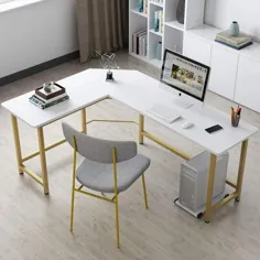 صندوق ورودی صفر L شکل گوشه میز کامپیوتر رنگ میز (بالا / قاب): سفید / طلایی