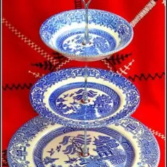 عروسی VINTAGE ، بید آبی ، پایه کیک Chinoiserie ، سینی خدمت ، Spode ، Staffordshire ، صفحات ناسازگار ، سفید آبی ، هدیه عروس