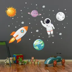 فضای باز دیوار کاغذ دیواری - Art Stars Planets Astronaut Rocket Solar System Wall Art - کودکان و نوجوانان دیوار برگردان