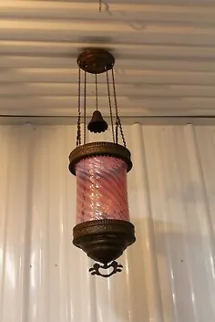 LAMP روغن دار آویز کنفرانس ANTIQUE VICTORIAN WITH WHIRL CRANBERY OPALESCENT SHADE