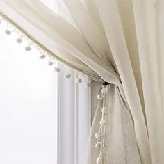 پرده های شفاف و تسمه دار Selectex Linen Look Pom Pom - پرده های نیمه شفاف جیبی Voile برای اتاق و اتاق خواب ، مجموعه ای از 2 پرده پرده (52 63 63 اینچ ، طبیعت)