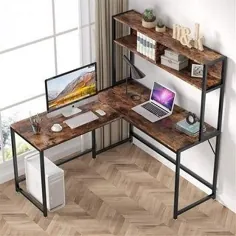 میز 55 اینچ L با قفسه کتاب هاچ ، میز کامپیوتر گوشه دفتر کار خانگی (روستایی) ، قهوه ای
