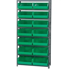 واحد قفسه بندی فلزی یک طرفه ذخیره سازی کوانتوم با 14 سطل Â - 12 اینچ.  x 36 اینچ  x 75 اینچ  اندازه قفسه ، سبز ، مدل # QSBU-250 GN