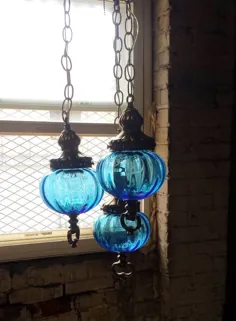 چراغ آویز Turquoise Glass Globe Mid Century |  اتسی