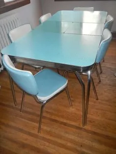 میز آشپزخانه VINTAGE 1950'S FORMICA و 6 صندلی VINYL CHROME BLUE AQUA