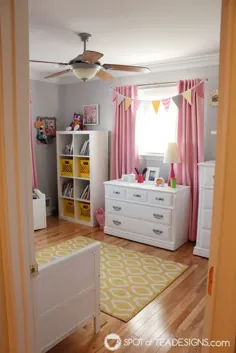 تور خانگی نهیل |  اتاق خواب کودک نو پا صورتی و زرد |  نقطه ای از طرح های چای