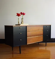 فروخته شده ** کمد مدرن سیاه و چوبی Mid Century // کنسول رسانه ای Vintage MCM // Vintage Modern Credenza // پایه تلویزیون Refinished Mid Century