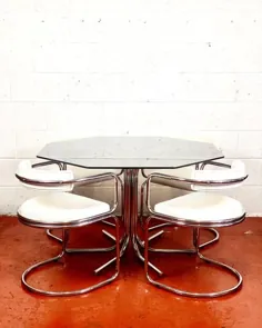 ست میز ناهار خوری شیشه ای دودی ، کروم و چرمی هشت ضلعی ، دهه 1970 ، مجموعه 6 تایی