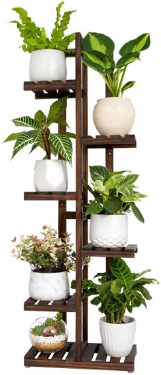 پایه نگهدارنده بوته چوبی Mkono در فضای باز 6 طبقه گیاه قفسه نگهدارنده گلدان چوبی چند طبقه بلند نردبان مدرن ذخیره سازی رک صفحه نمایش گیاهان برای گوشه باغ پاسیو اتاق نشیمن بالکن ، قهوه ای
