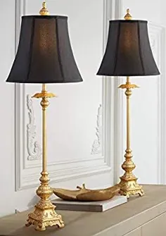 ژولیت سنتی لامپهای میز سفره ای دسته بلند فرنگی فرانسوی مجموعه ای از 2 عدد شیشه لوکس و شیک طلایی پارچه ای زنگ دار برای اتاق نشیمن ورودی خانه ناهار خوری - Regency Hill