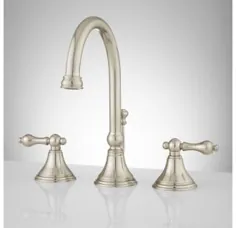 Signature Hardware 338327 Brushed Nickel Melanie 1.2 GPM شیر حمام گسترده با دسته های کوچک اهرم فلزی و مونتاژ تخلیه پاپ آپ - FaucetDirect.com