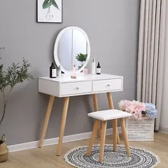 میز آرایش میز آراسته با آینه گرد و 2 کشو ، اتاق خواب سفید مدفوع |  eBay