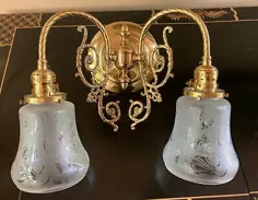 (eBay) VTG Ornate Brass Bathroom Vanity Dual Frosted Globes 2 Light Light Fixture Wall Mount