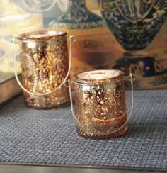 نگهدارنده شمع شیشه ای طلایی با آبکاری و اسپری / حکاکی شده با الگو و دسته برجسته