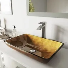 سینک ظرفشویی ظرف مستطیلی شیشه ای VIGO به رنگ طلای با شیر دوریس و تخلیه پاپ آپ در نیکل براق-VGT513 - انبار خانه