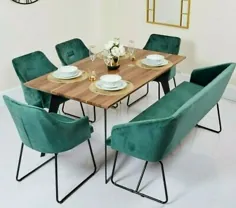ست میز ناهار خوری چوبی لوکس صندلی های آهنی سبز صندلی های مخملی نرم مبل 6 نفره |  eBay