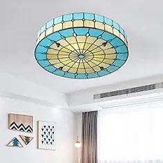 KWOKING Tiffany سقف آبی روشن دست ساز Vintage Flush Mount لوستر تزئینی نور سقف برای اتاق خواب ، اتاق نشیمن - 15.7 اینچ