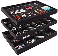 سازمان دهنده سینی های جواهرات مخملی قابل انباشت Mebbay ، سینی های نمایشگر ذخیره سازی جواهرات تمام مخمل برای کشو ، سازنده حلقه دستبند گردنبند گوشواره ، ست 3 (سیاه)